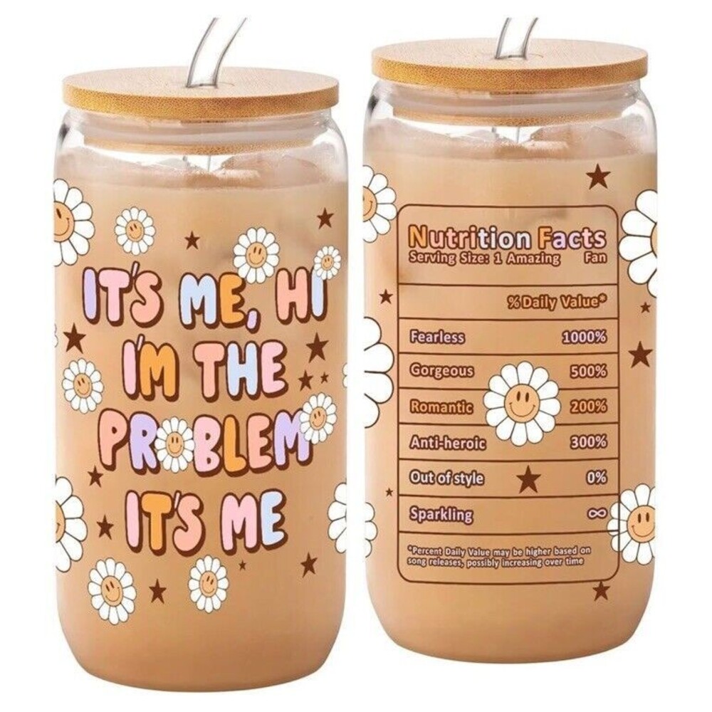 Taylor Swift Glass Can with Bamboo Lid Glass Straw 16oz Its Me Hi Im The Problem
